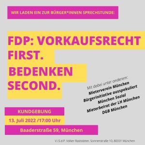 Demo-Flyer fuer den 13.07.22 ab 17 Uhr in der Baaderstraße 59 in Muenchen