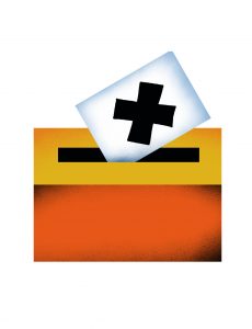 Orangefarbene Wahlurne mit einem weißen Wahlzettel, auf dem ein schwarzes Kreuz zu sehen ist