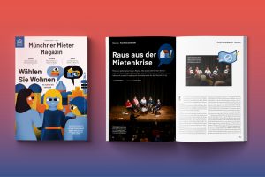 Titelseite und aufgeschlagene Doppelseite des Mieter-Magazins mit Illustrationen von Menschen und Texten zum Thema Mietenkrise und Kommunalwahl