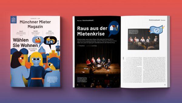Titelseite und aufgeschlagene Doppelseite des Mieter-Magazins mit Illustrationen von Menschen und Texten zum Thema Mietenkrise und Kommunalwahl